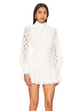 NWT Bardot Remy Embroidered Lace Mini Dress Ivory White Puff Sleeve Size S